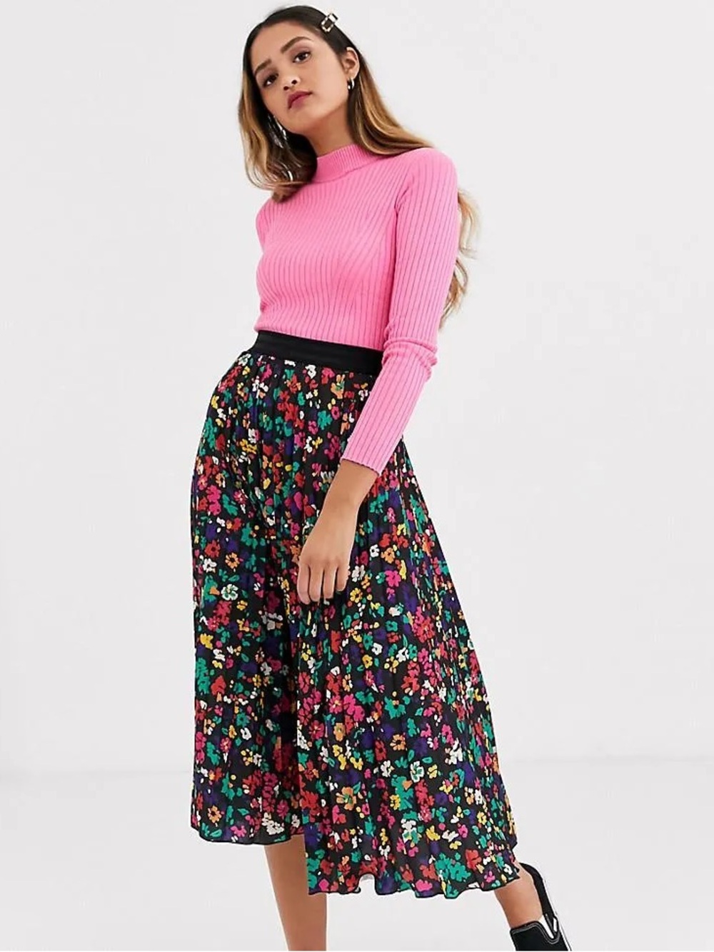 Twisted Wunder Floral Midi Skirt with Black Base and Multicolor Print